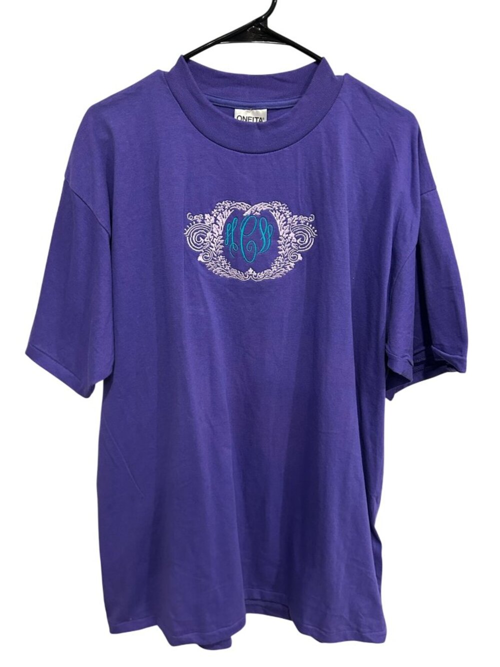 Oneita Power-T XL Mens Purple T-Shirt Embroidered Monogram Logo Retro Vintage